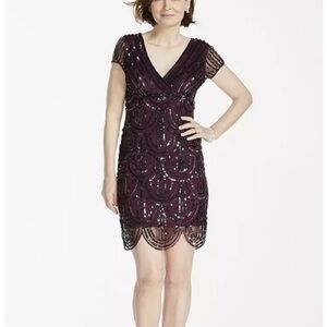 Marina Cocktail New Years Wedding Mother of Bride Sequin Cap Sleeve V-neck Dress